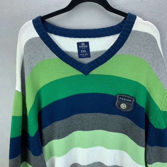 Parish Nation Sweater Mens 2XL‎ Blue Green Pullover Striped Long Sleeve V Neck - Picture 2 of 16